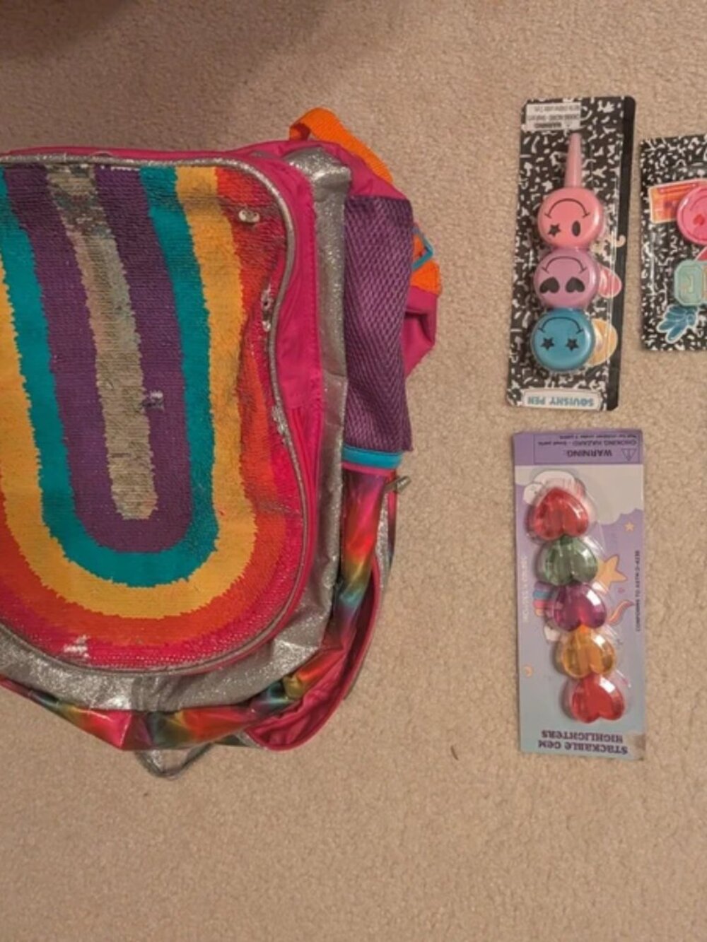 Book bag girls school pen highlighter eraser kid set back pack rainbow sequin